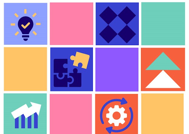 In a grid of boxes are multiple drawn images, such as puzzle pieces, arrows, a lightbulb, people, etc.
