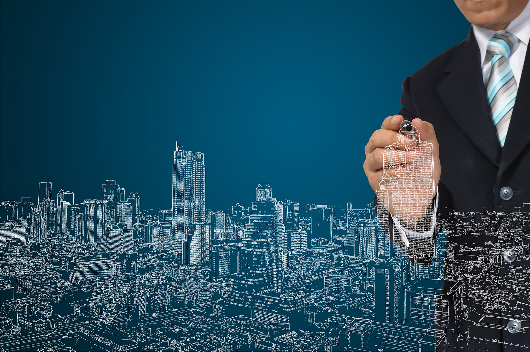 Image shows a drawing of a cityscape that includes high- and low-rise buildings.