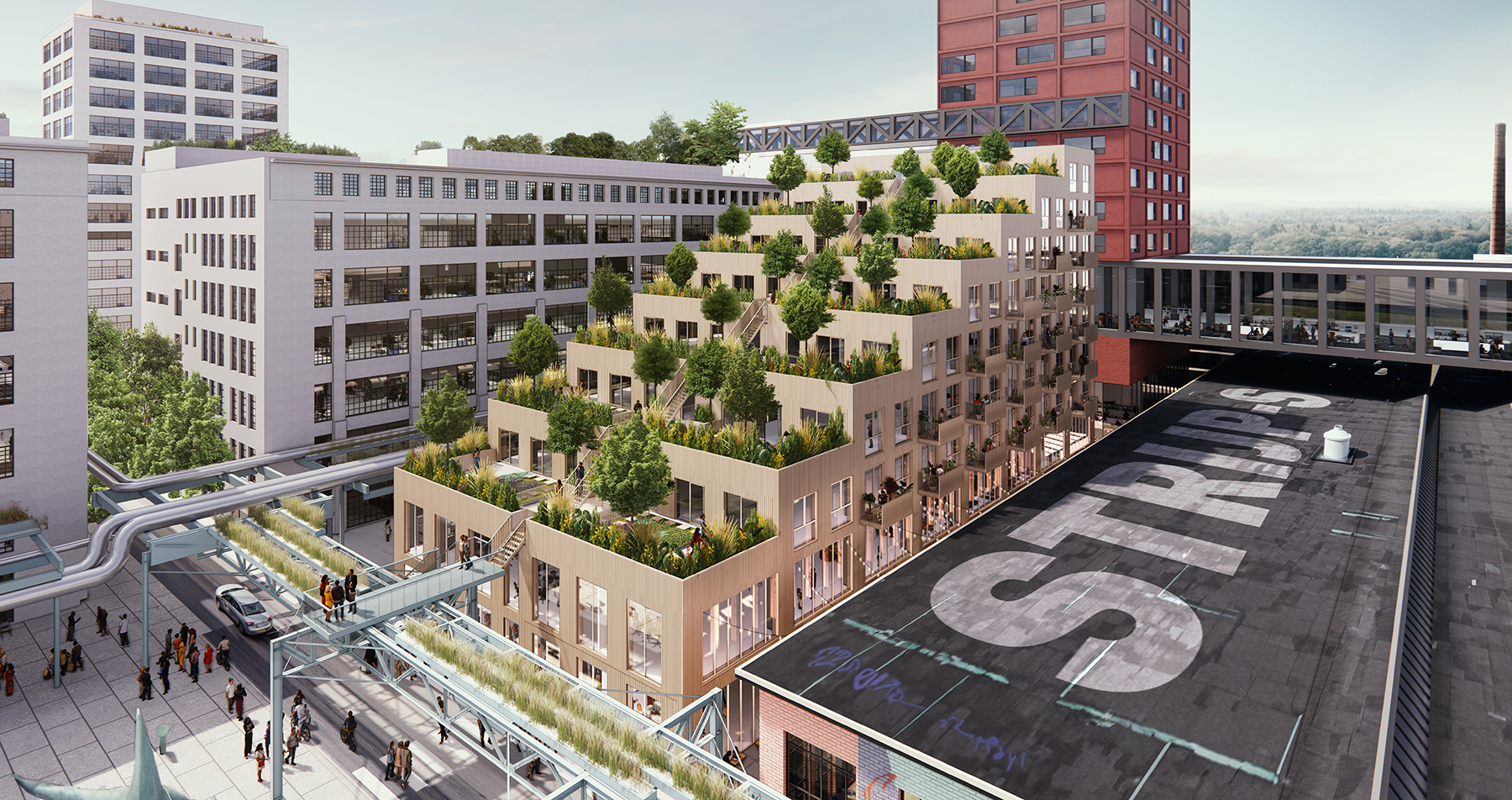 a stepped building dotted with greenery among a cityscape a stepped building dotted with greenery among a cityscape