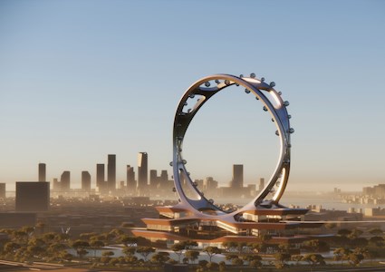 Rendering shows an intersecting-ring, dual-track, spokeless Ferris wheel sitting on top of a multistory structure.