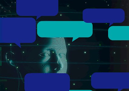 Digitized robot head with a thought bubble emerging from its mouth.