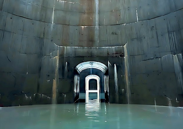 Photo shows an underground water storage facility comprised of six interconnected concrete cells. In the photo the cells are partially flooded.