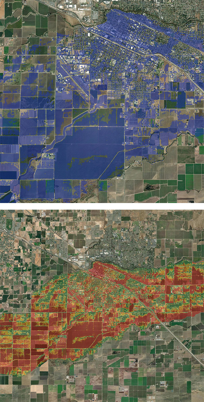 Stacked images use areas of purple (top) to demonstrate the extent of flash flooding and areas of reddish orange (bottom) to depict the probability of flash flooding along a U.S. watershed.