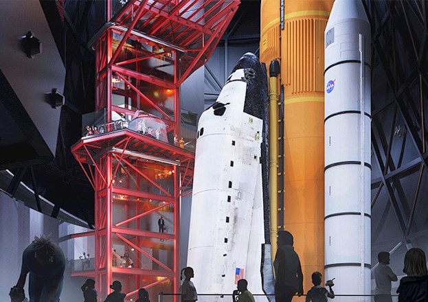 The rendering shows the space shuttle Endeavour, plus its external tank and side booster rockets, as it will be displayed inside its new home at the California Science Center: upright, as if ready to launch.