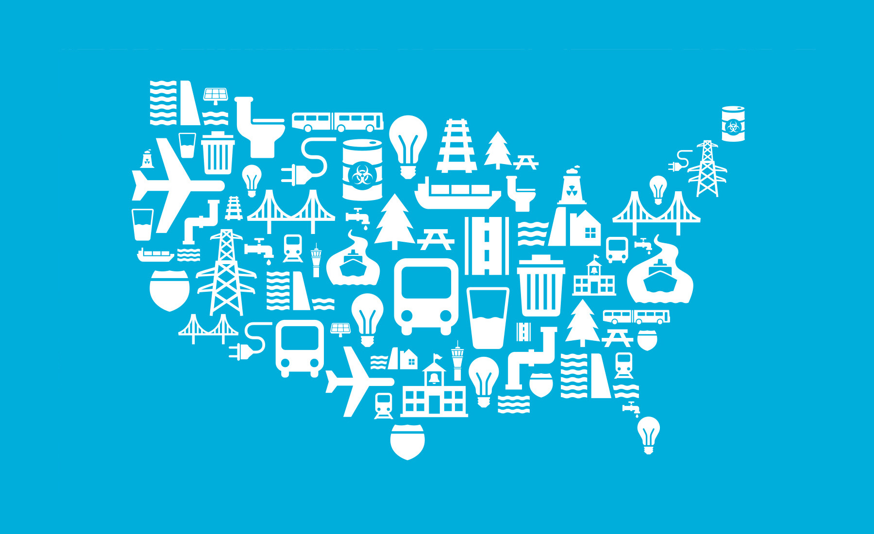 Map of the United States made up of icons such as a plane, bus, bridge, and pipes. 