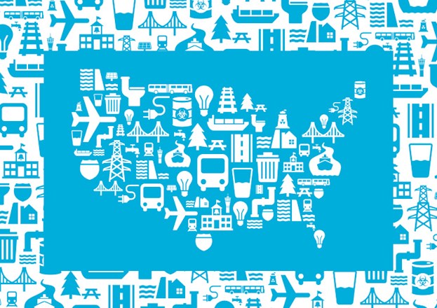 Map of the United States made up of icons such as a plane, bus, bridge, and pipes.