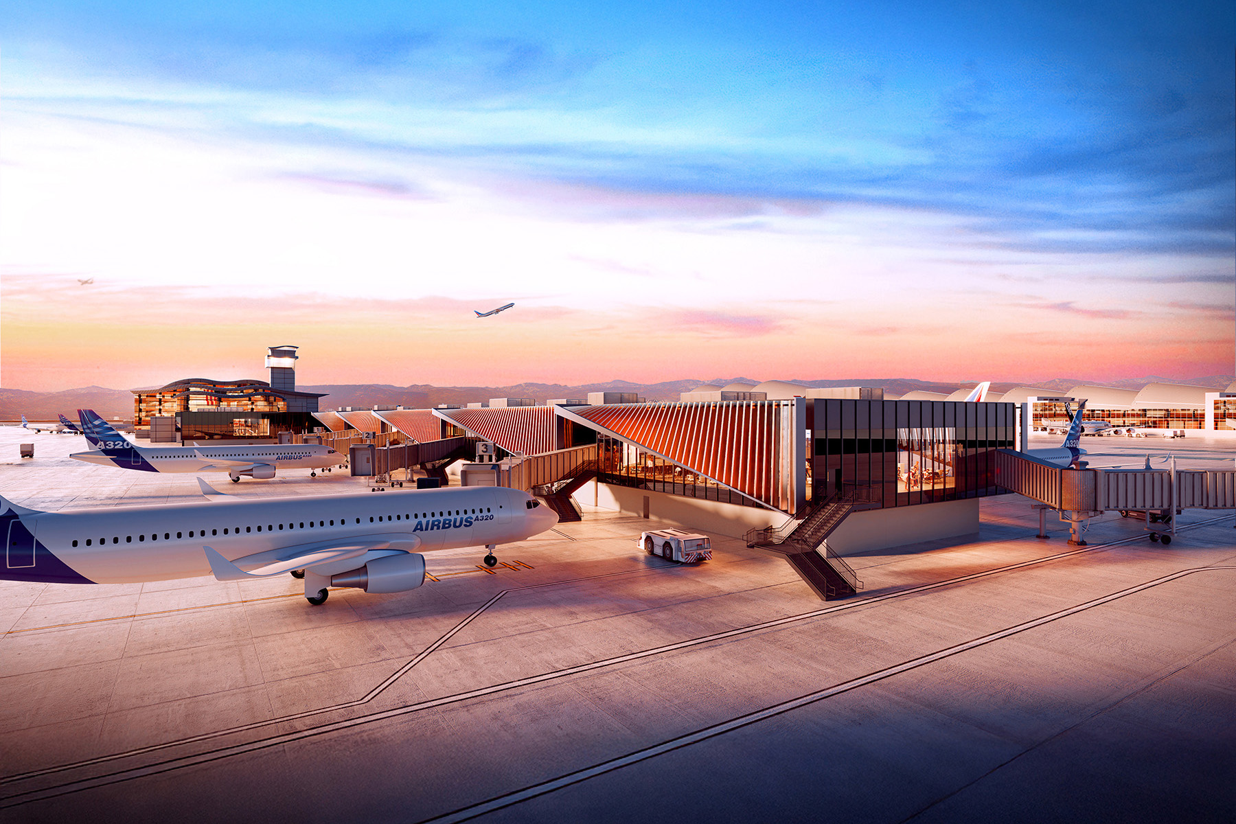 A full-color rendering shows the finished concourse exterior with white airplanes at several gates. 