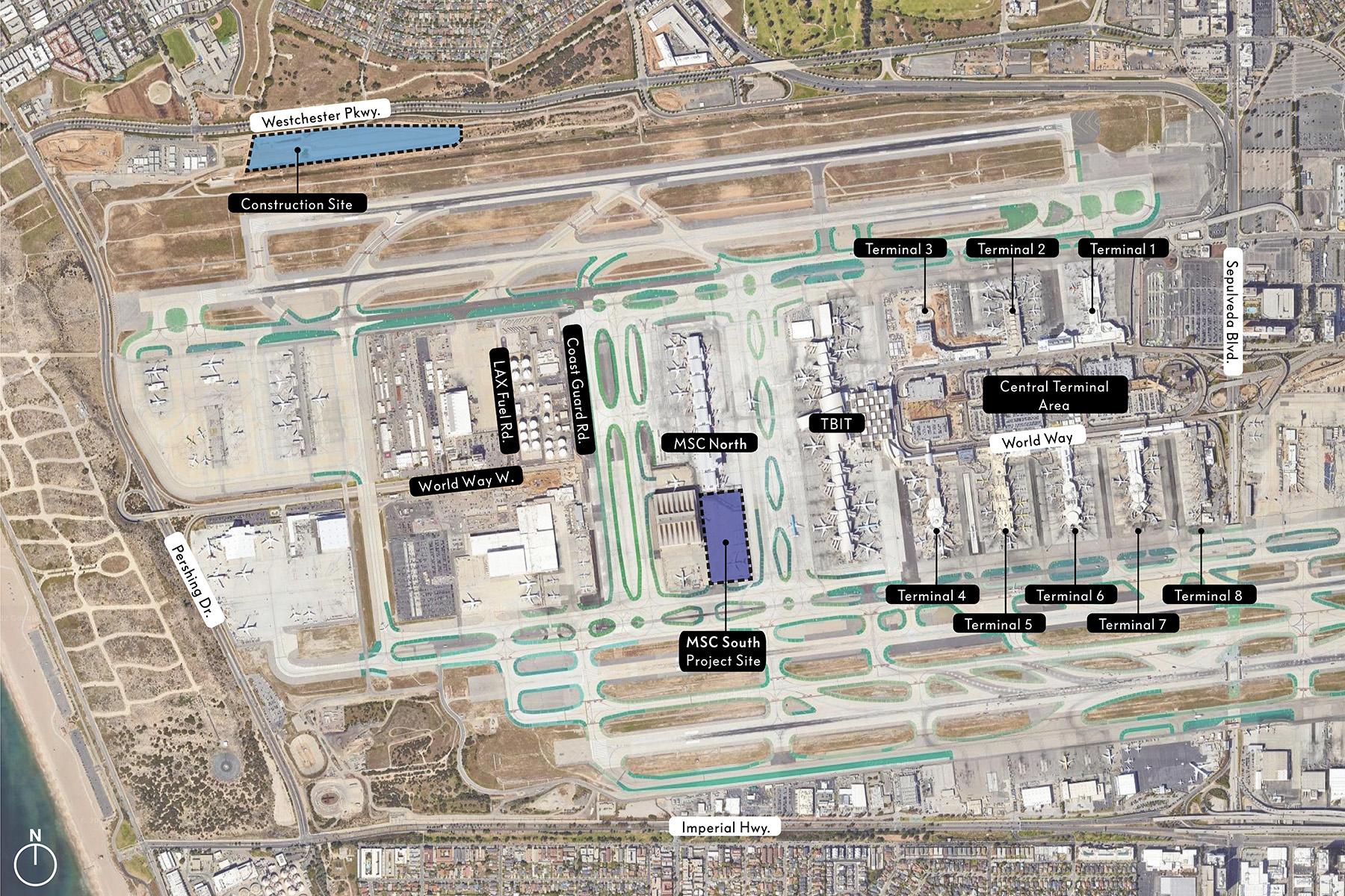 A labeled aerial image of Los Angeles International Airport is overlaid with the project site colored in purple and the OCR site colored in blue. 