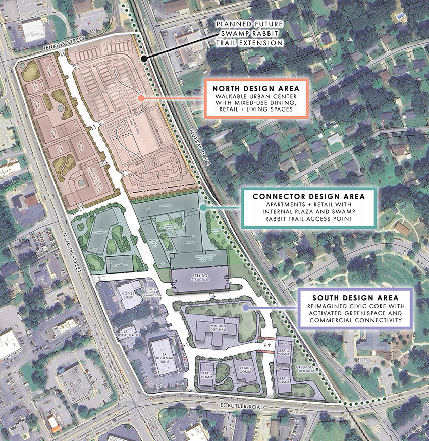 An overhead photo, overlaid with differently colored sections, outlines key parts of the Mauldin development master plan.