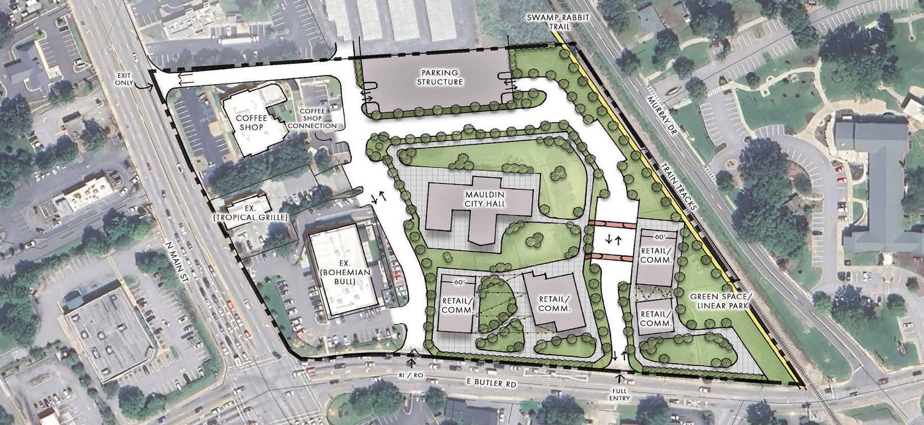 An overhead view shows the design study for the Mauldin City Center project.