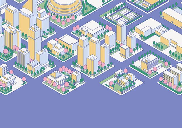 An illustrated urban skyline is depicted with short and tall buildings, parks, and other features.