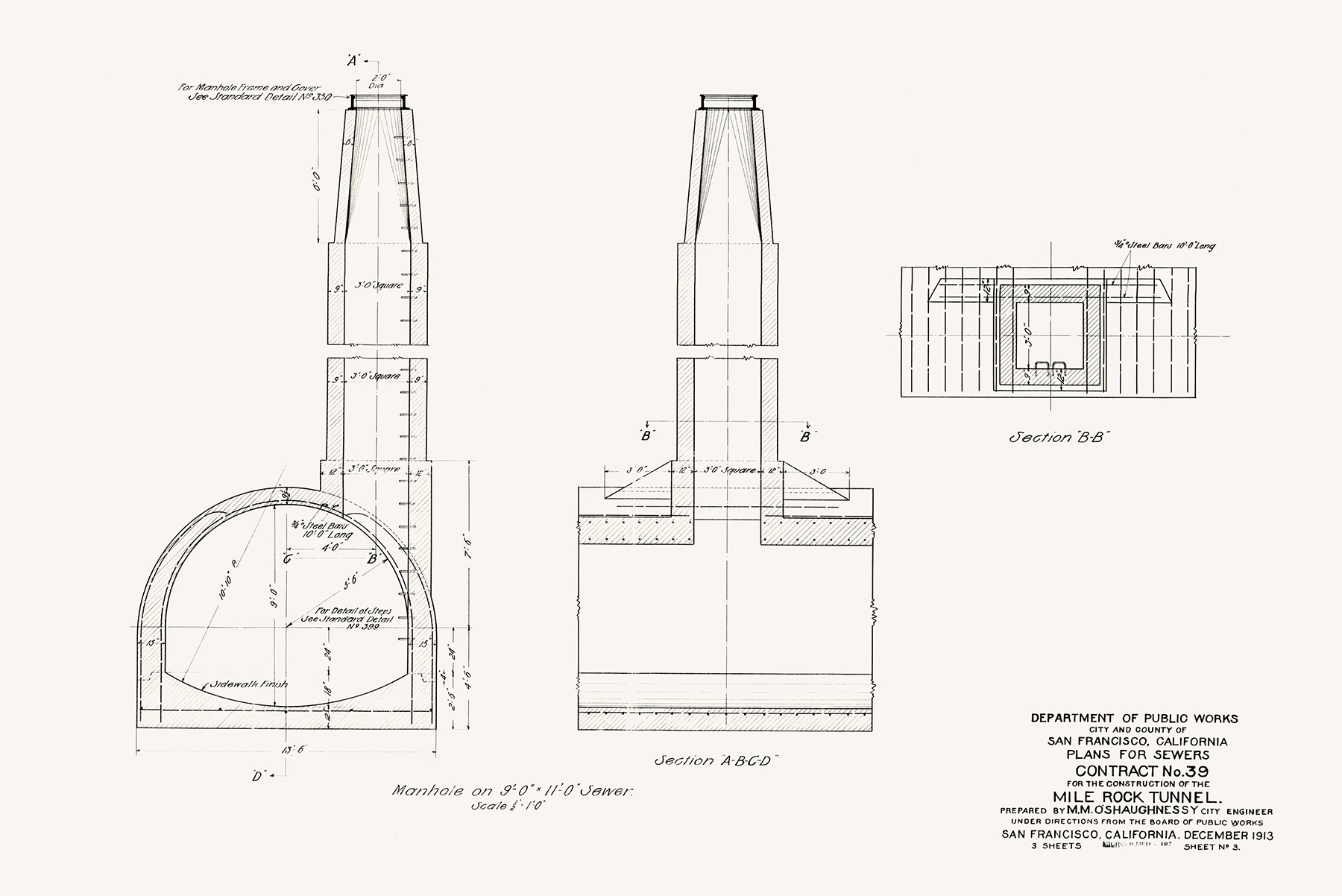 Image shows a line drawing of a tunnel and manhole section.