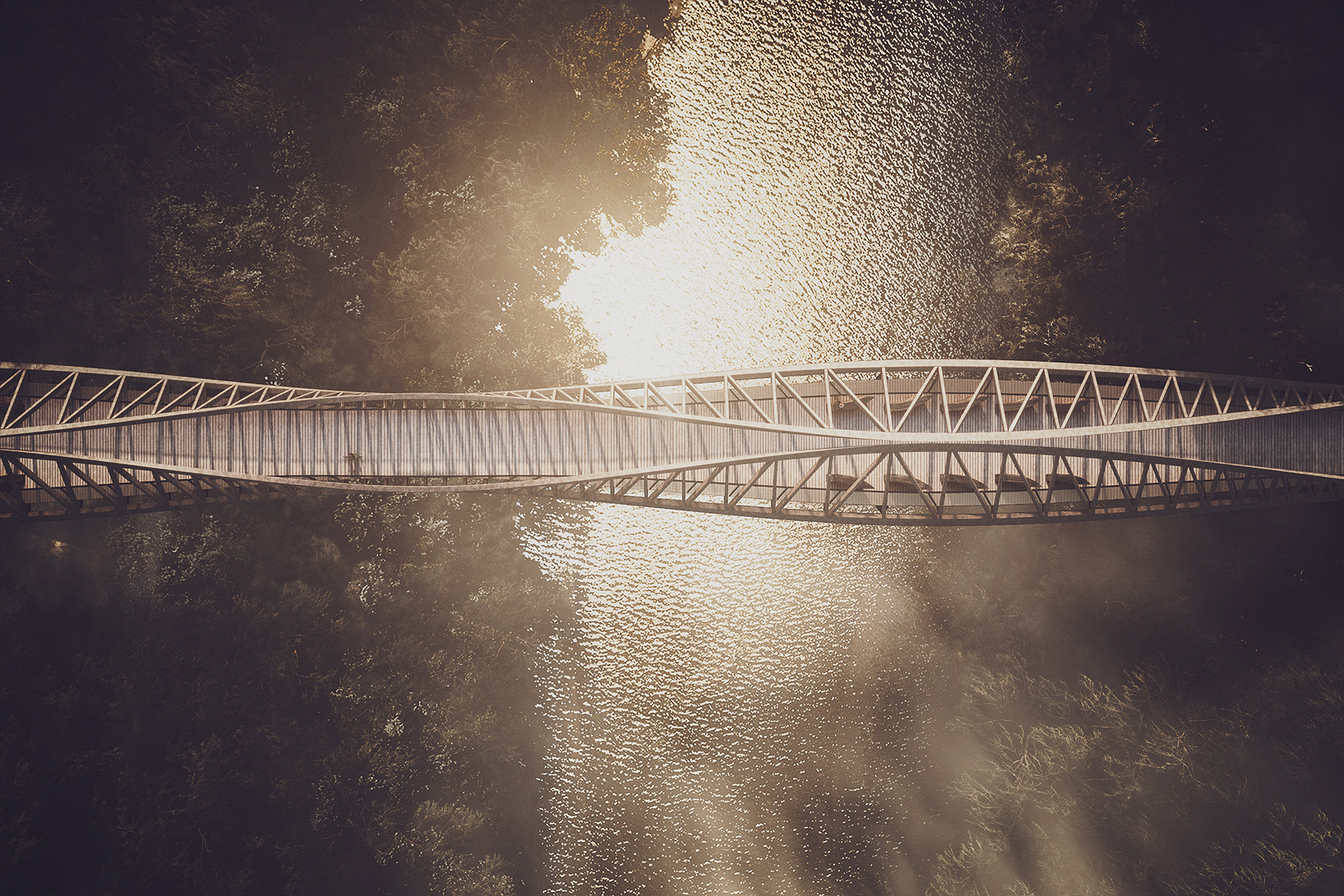 A sepia-colored aerial rendering shows a winding bridge over a body of water. 