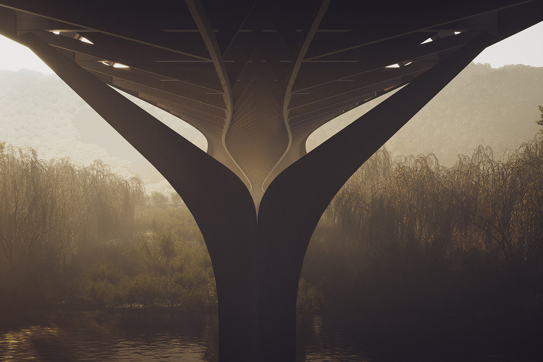 A sepia-colored rendering shows the underside view of the bridge’s timber supports that join to create the shape of a bird wing. 