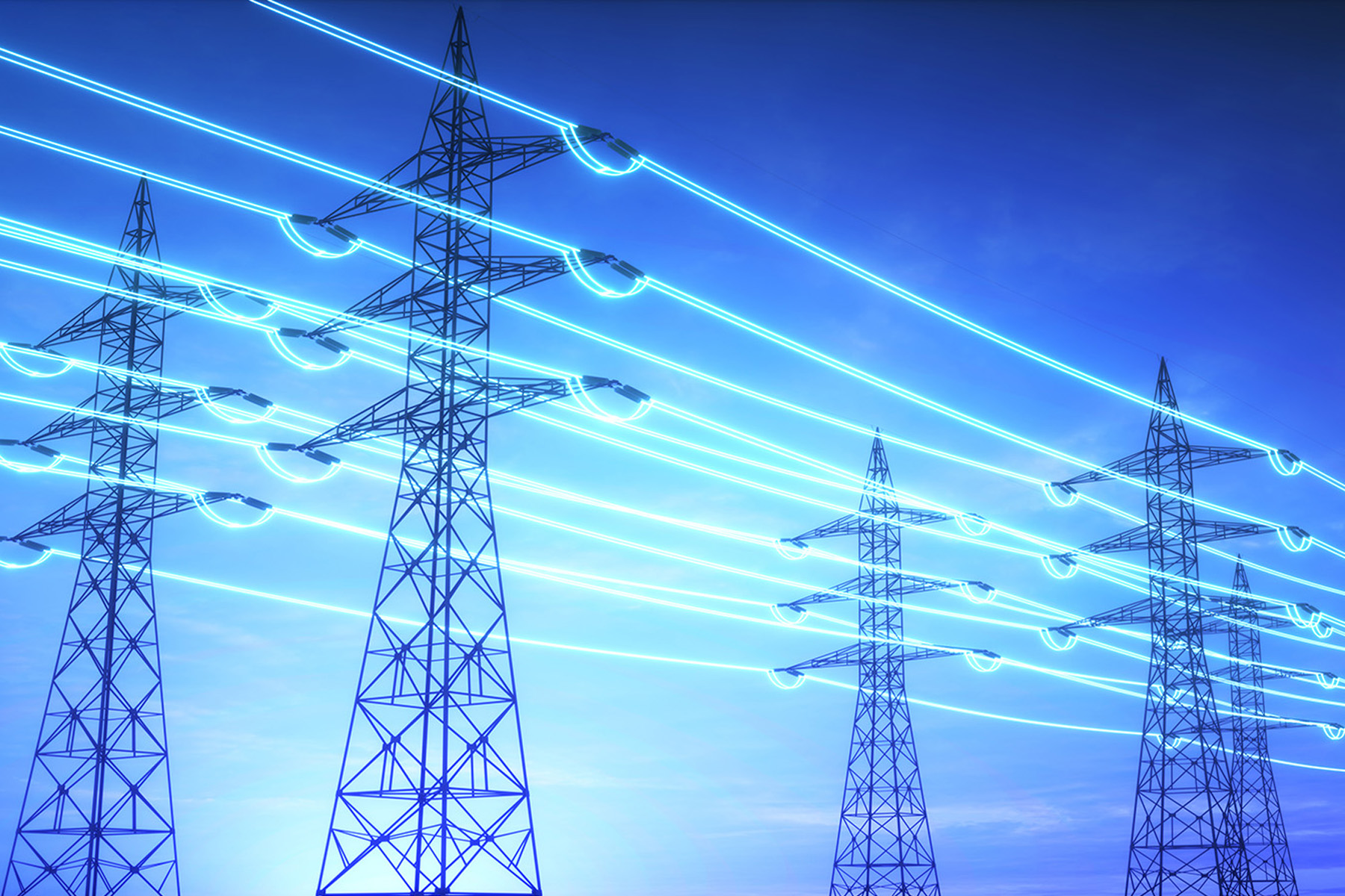 A network of power lines highlighted in blue stretch across an evening sky. 