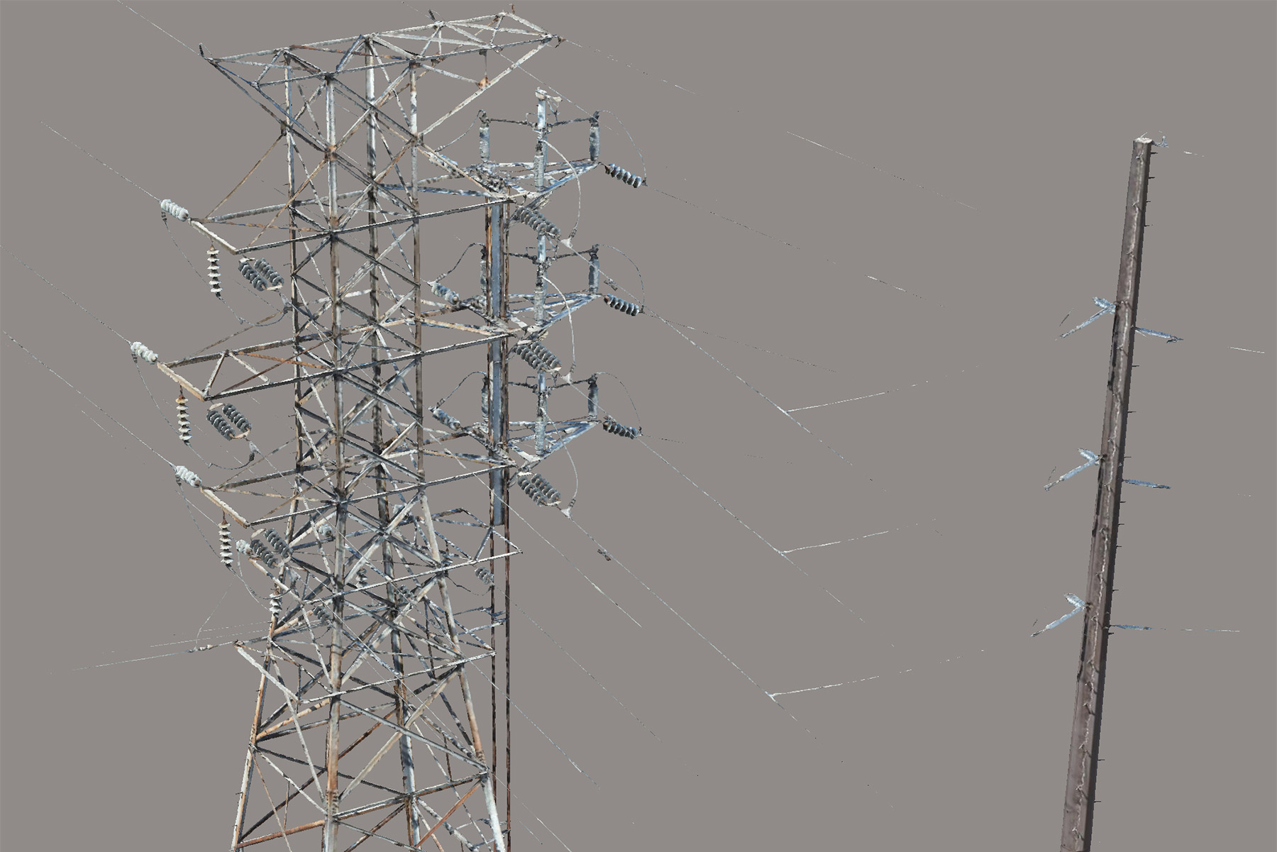 The image shows a 3D digital version of the structural member of a utility tower. 