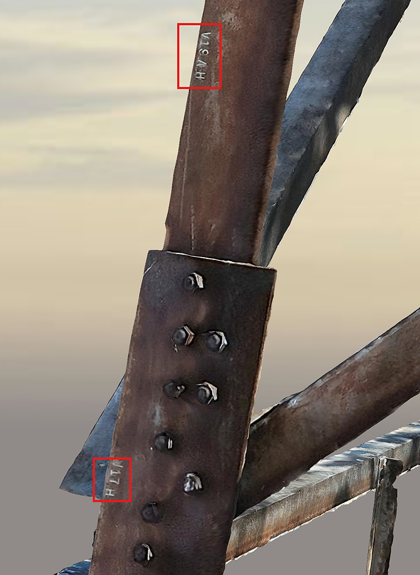 An up-close image of a rusted metal structure shows visible part numbers. 