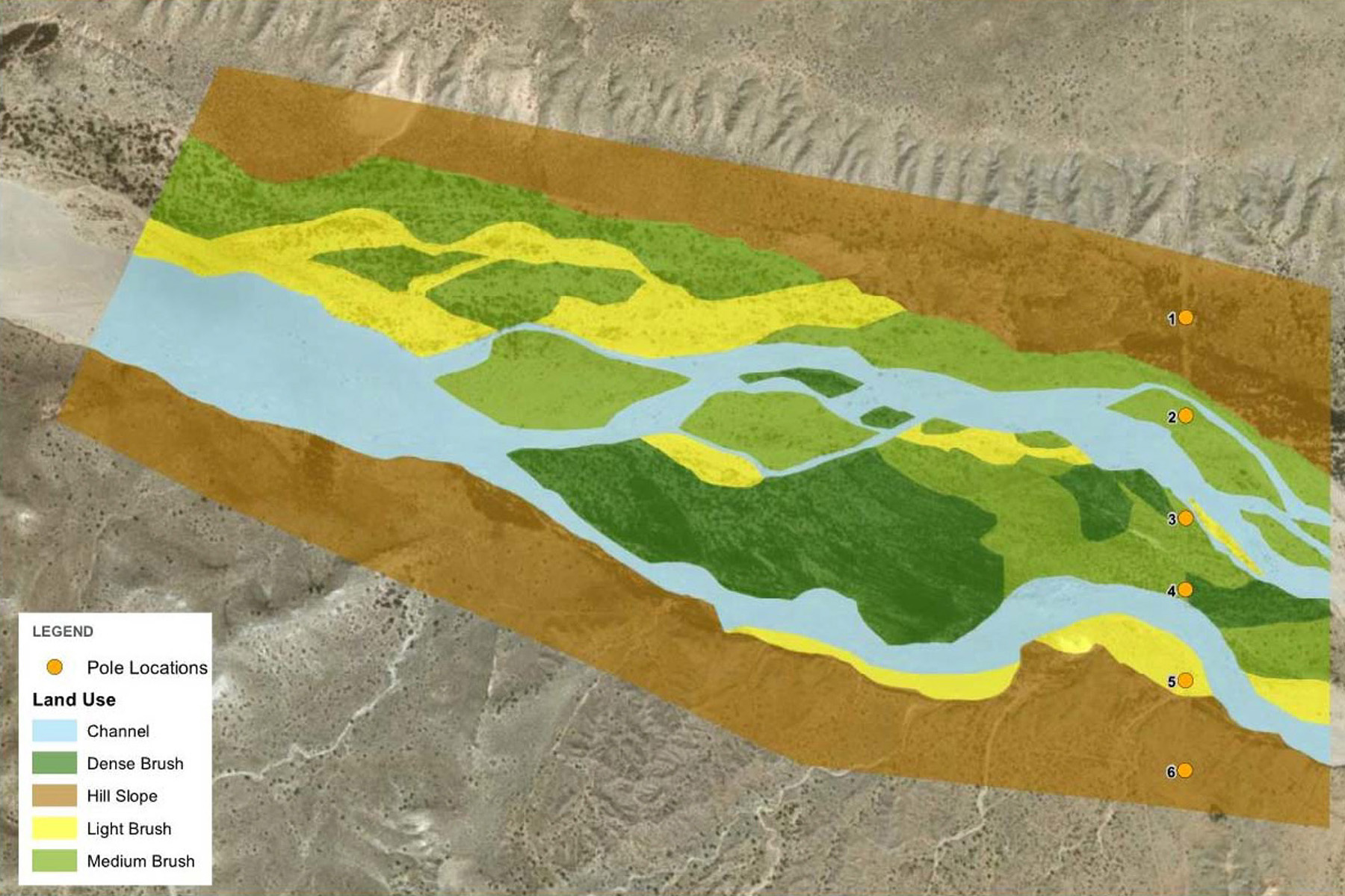 Image shows a land use map denoting pole locations, channel, dense brush, hill slope, light brush, and medium brush.