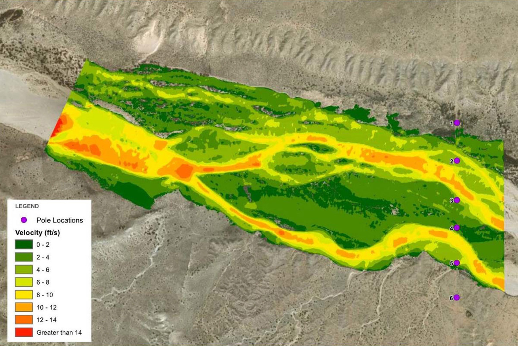 The image shows 100-year peak discharge velocities of a portion of a stream in New Mexico.