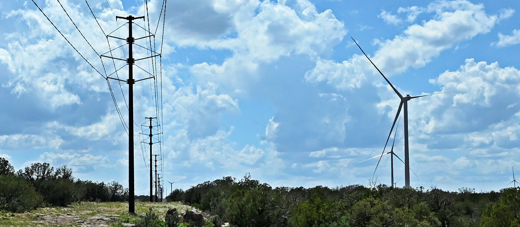 Photo shows a line of overhead collection line structures on the left and two windmills on the right.
