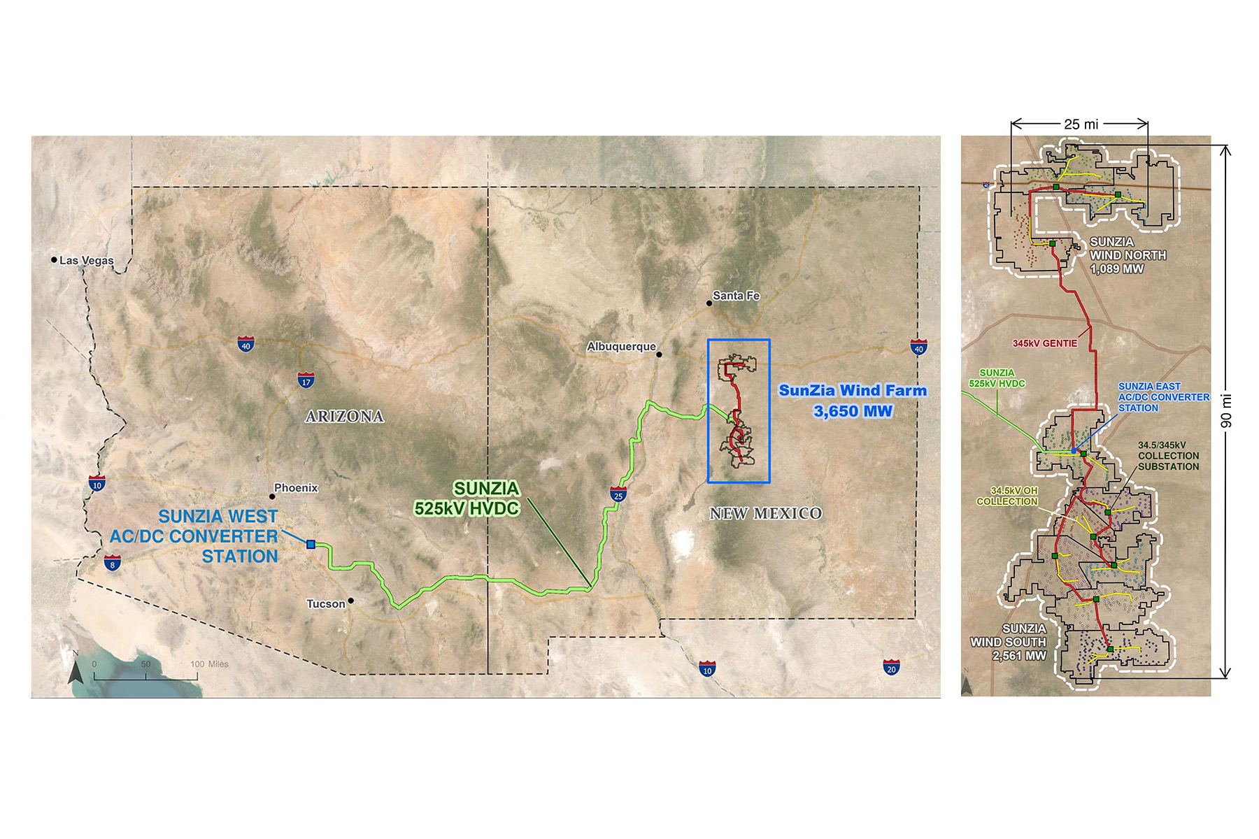 Maps show the locations of facilities at a wind and transmission site in the southwest US.