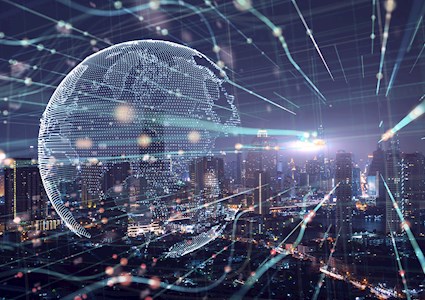 A globe and a city skyline are shown, with futuristic lighting.