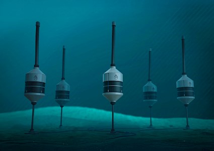 Rendering shows five cylinder-shaped pods stuck on poles and inserted into the sea floor.