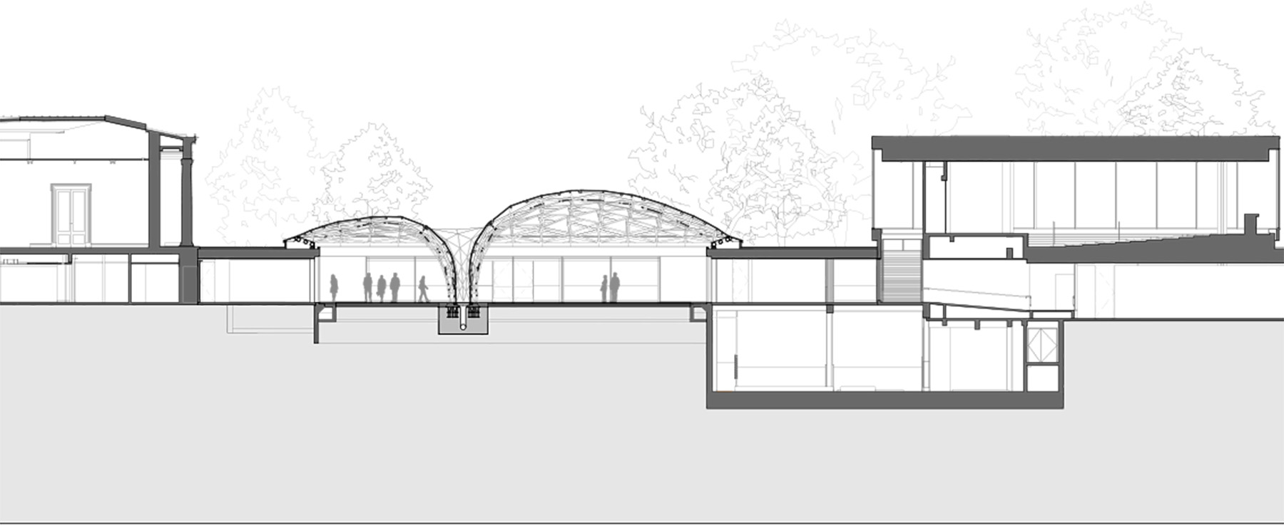 A black and white drawing shows the interior and underground rooms of the new museum spaces