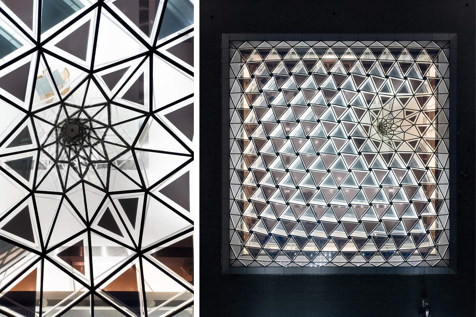 Two photos show the overall triangular mirrored panels of the courtyard canopy and a close-up detail.