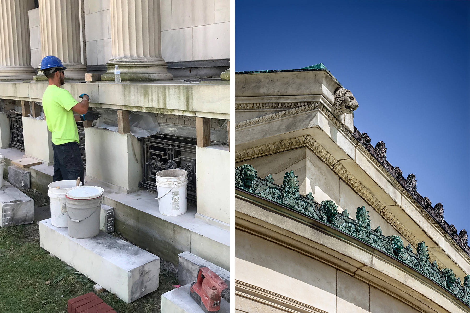 The left photo shows a man in a yellow T-short and blue hardhat works on stonework at the base of the museum building, surrounded by several large buckets. The right photo shows details of the 1905 building’s roof, including a lion’s head and elaborate green decorations.