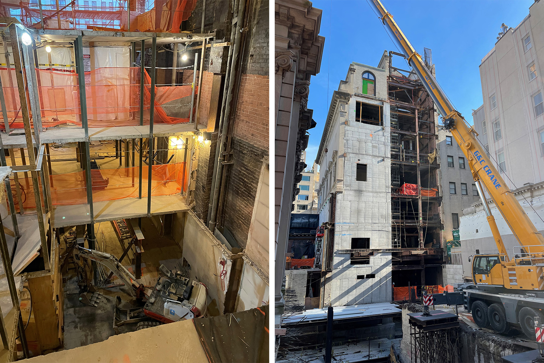 Image on the left shows a multilevel building being renovated at a construction site. Image on the right shows a half-width concrete shear wall being constructed.