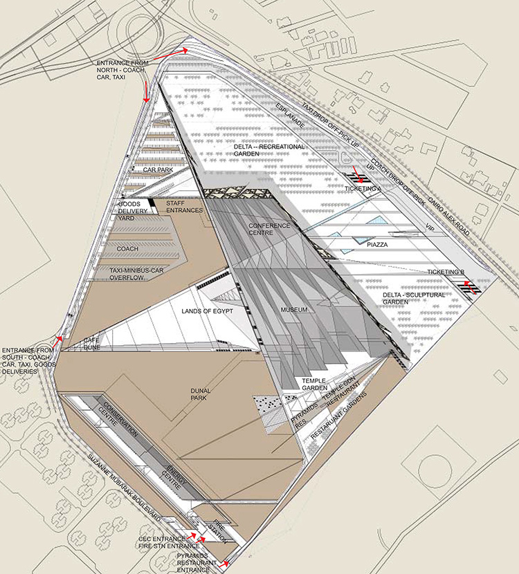 Image shows the site plan of a museum in the Egyptian desert. 