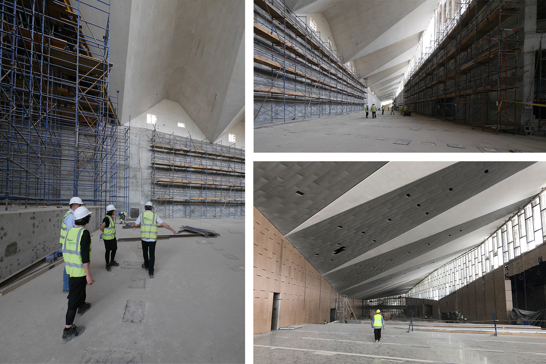 Images show the different stages of construction for a reinforced-concrete folded-plate roof.