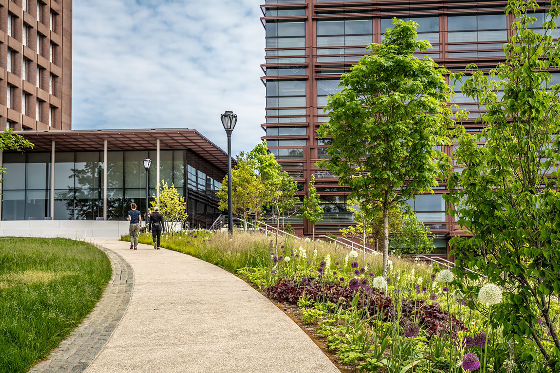 Photo shows two people walking up a concrete ramp outside. Trees and buildings are in the foreground and background.