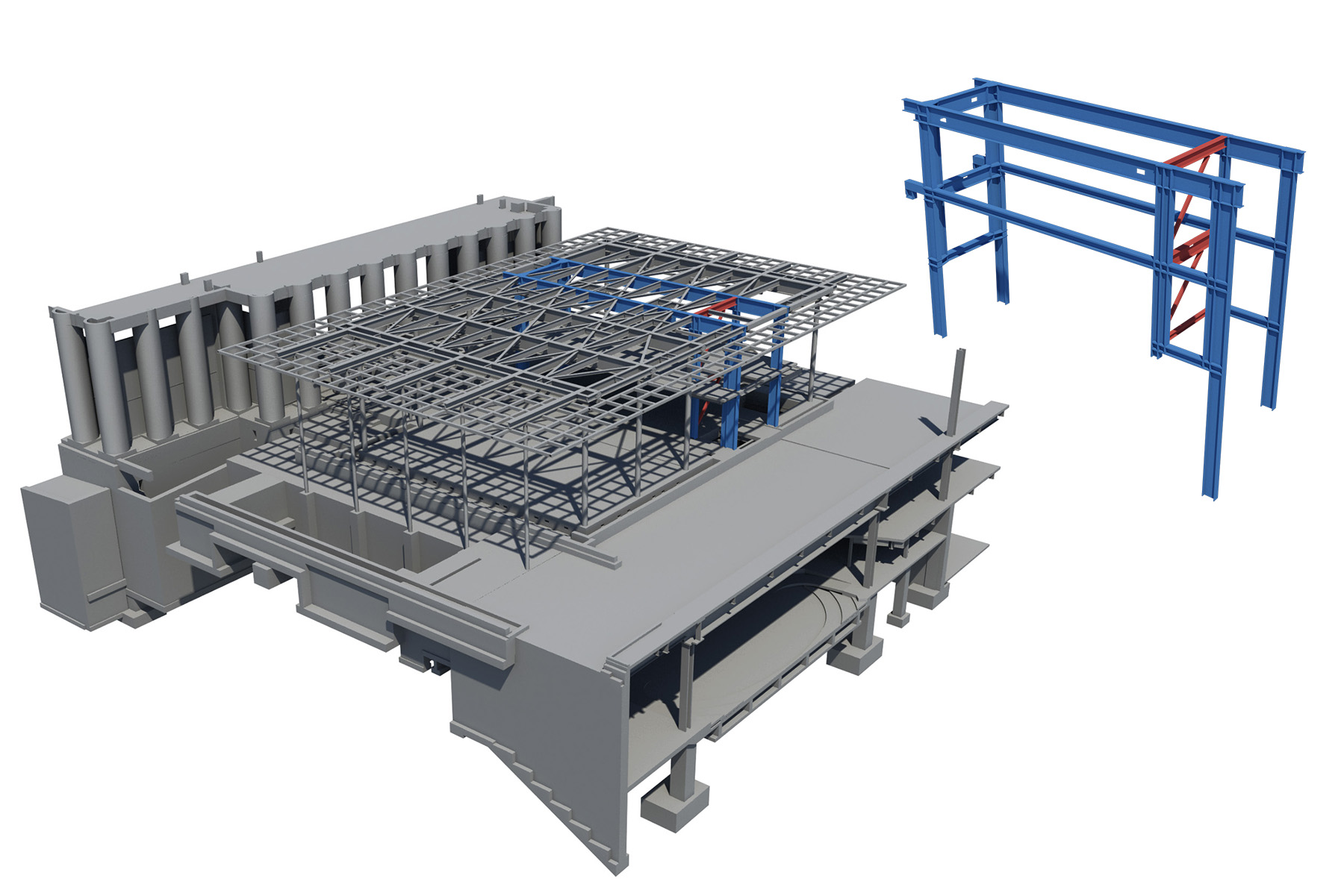 A gray, red, and blue rendering shows the support system devised to frame the glass pavilion.