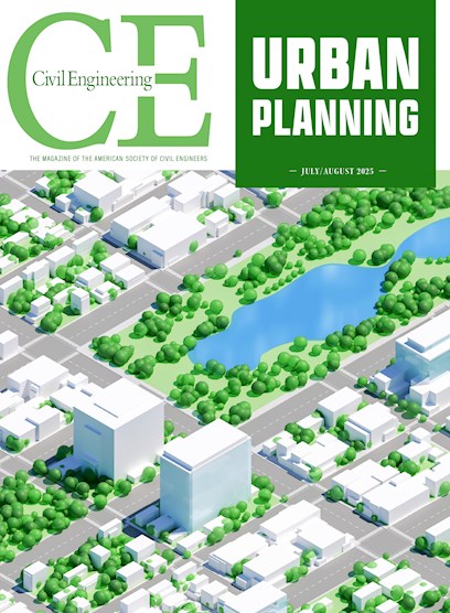 Image shows white boxes of various sizes and heights. There are green dots that look like trees and there is a large waterbody in the center of the image.