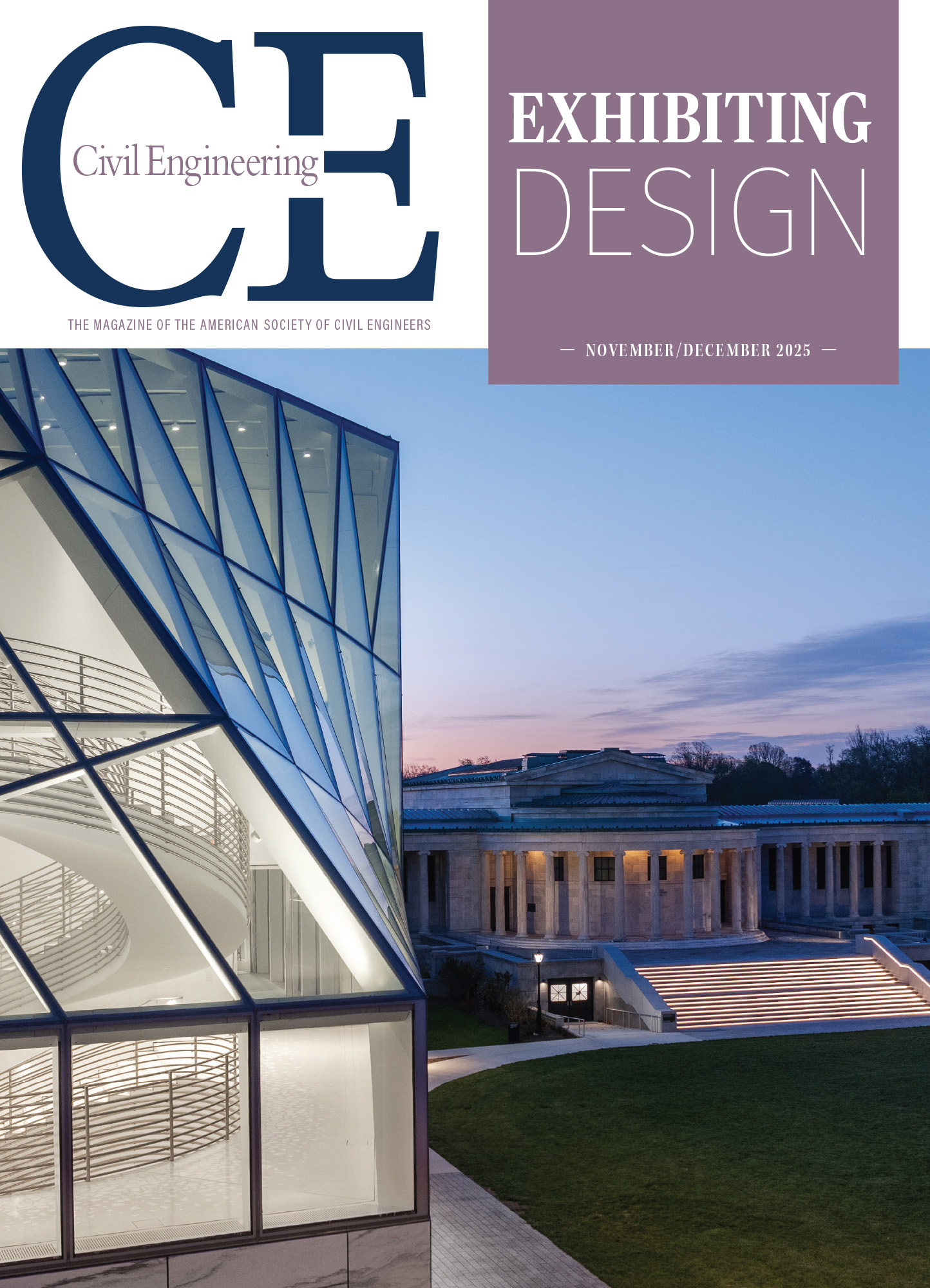 Photograph shows two buildings at night. One the left is a multifaced, circular structure with light from within beaming through the glass panes. On the right is a building made from white marble. Steps lead up to the building. 