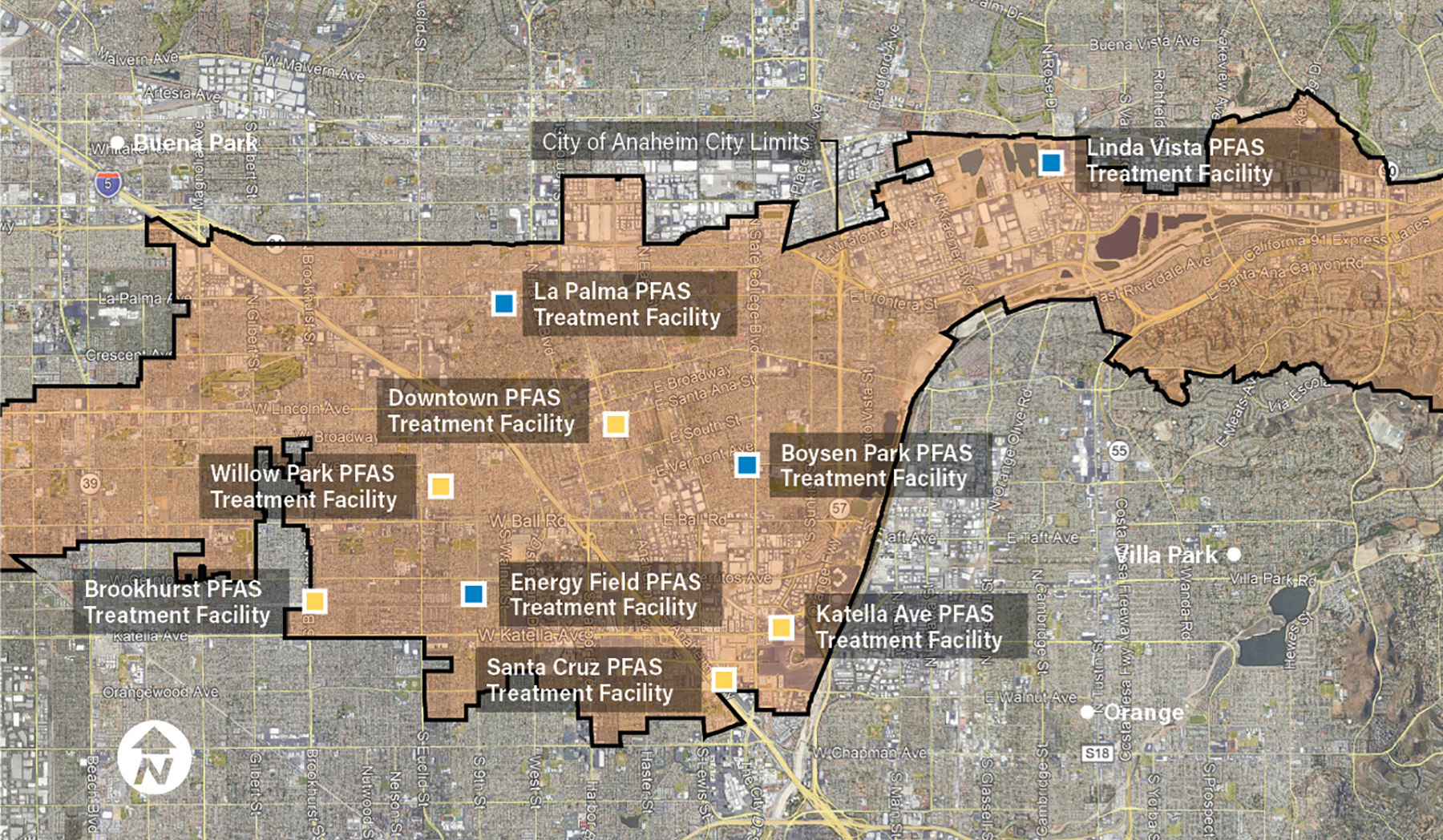 A map shows the location of the nine new or revamped water treatment facilities in Anaheim. 