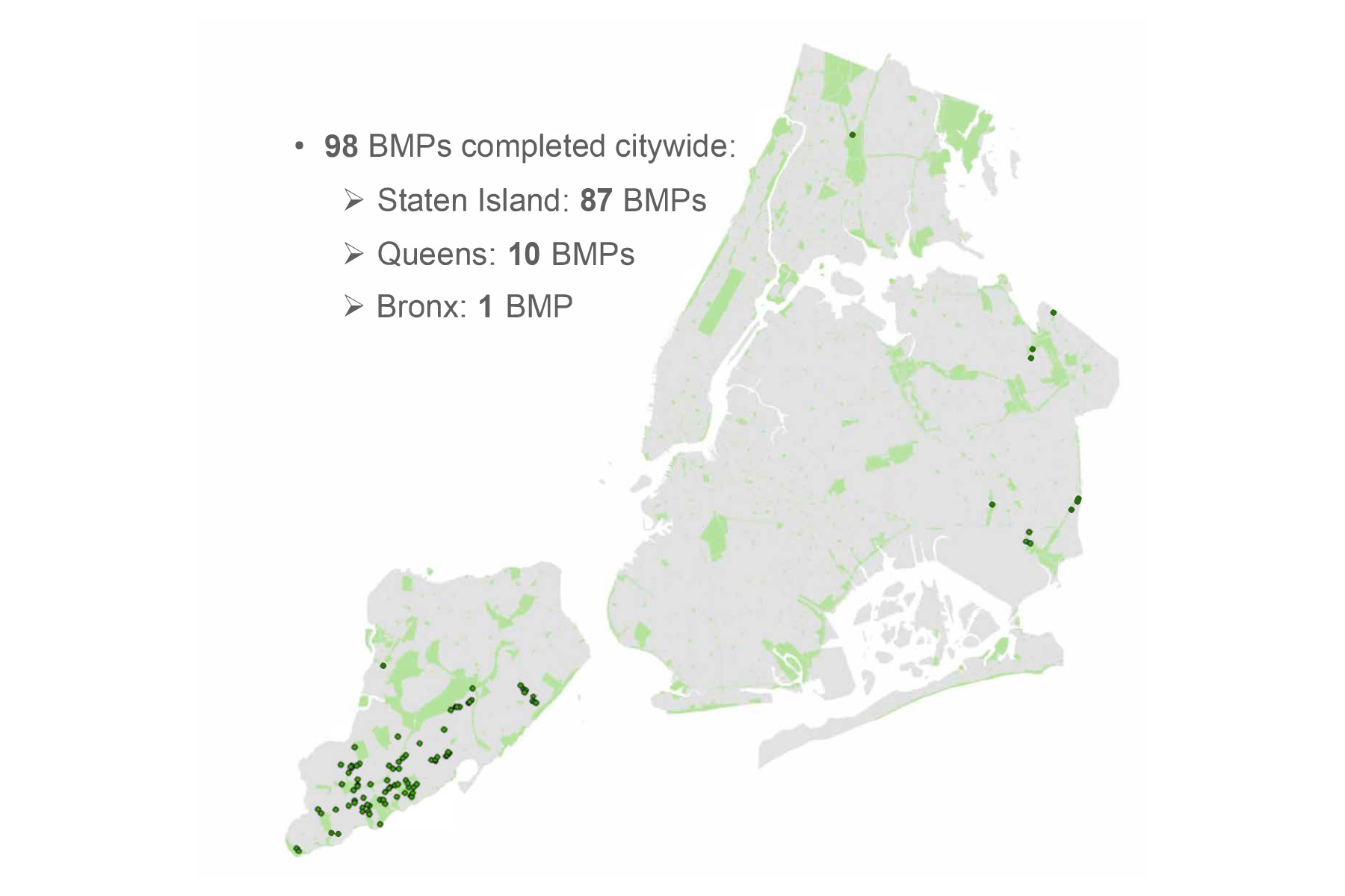 A map shows the locations of Bluebelt sites on Staten Island and in Queens and the Bronx. 