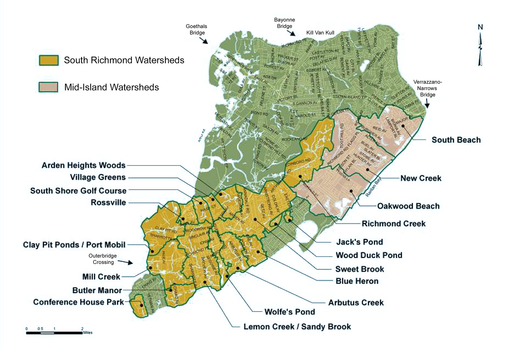 A map shows the color-coded locations of Staten Island watersheds. 