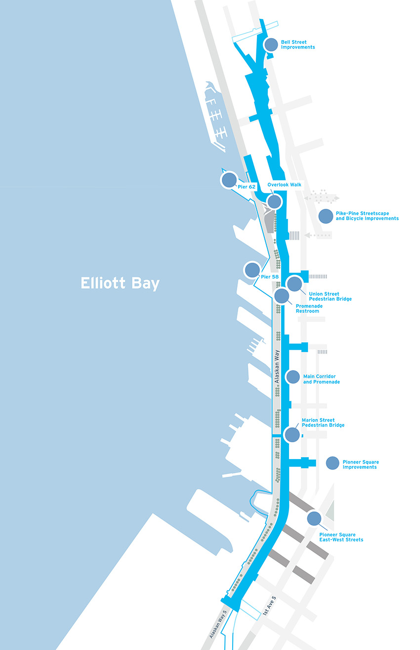 A map shows the locations of various features along Elliott Bay. 