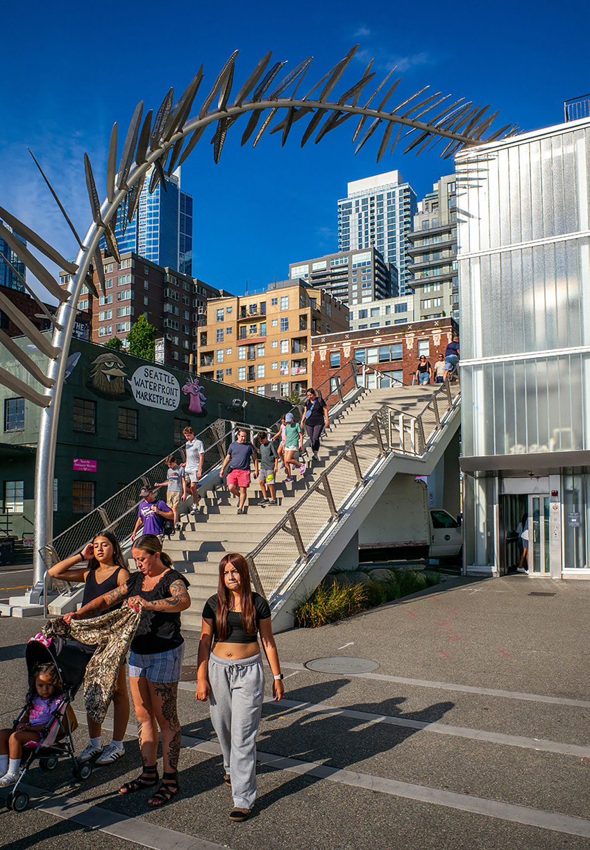 People are shown coming down the stairs of the new pedestrian bridge, passing beneath the stylized metal artwork designed to represent native ferns. 
