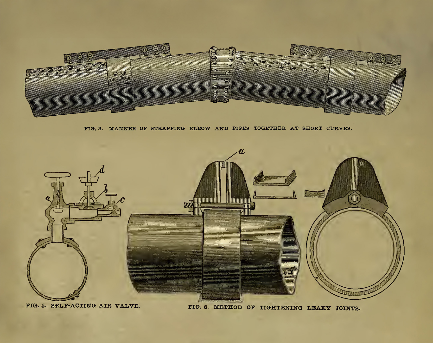 Image shows several parts of a pipe used in an inverted siphon including valves and joints. 