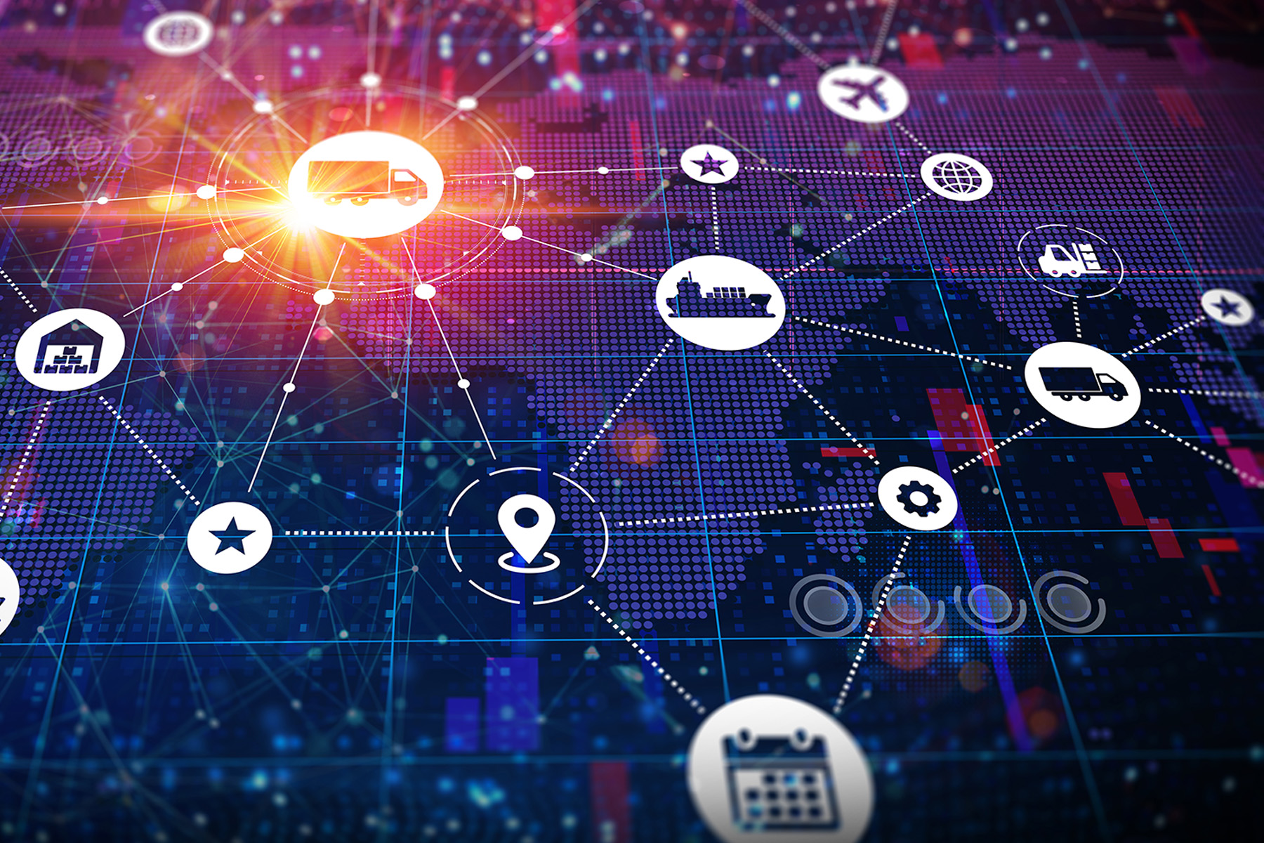 Image shows a conceptual illustration of supply chain  management with different icons, such as planes and trucks, connected by dotted lines. 
