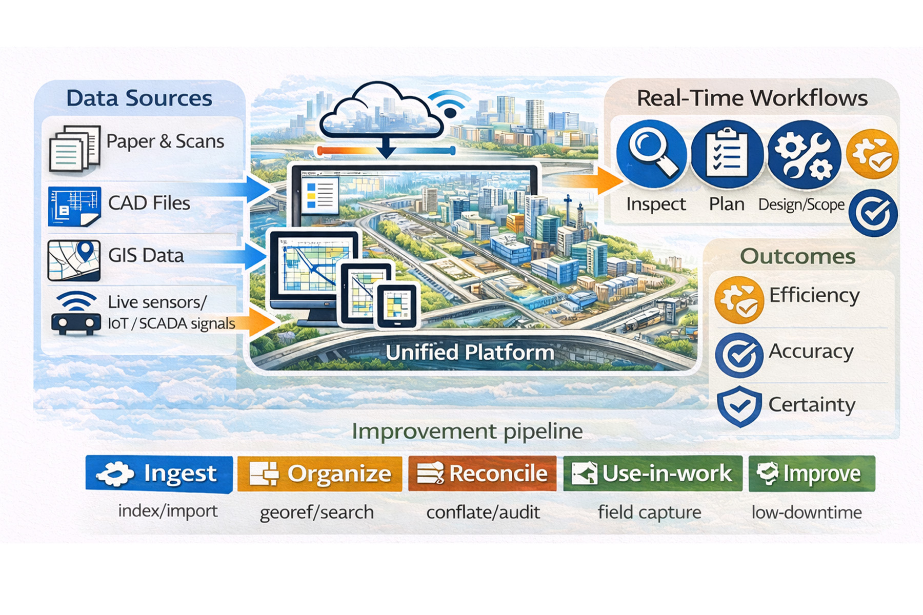 Image shows the different steps needed to create real-time workflows including data sources. 