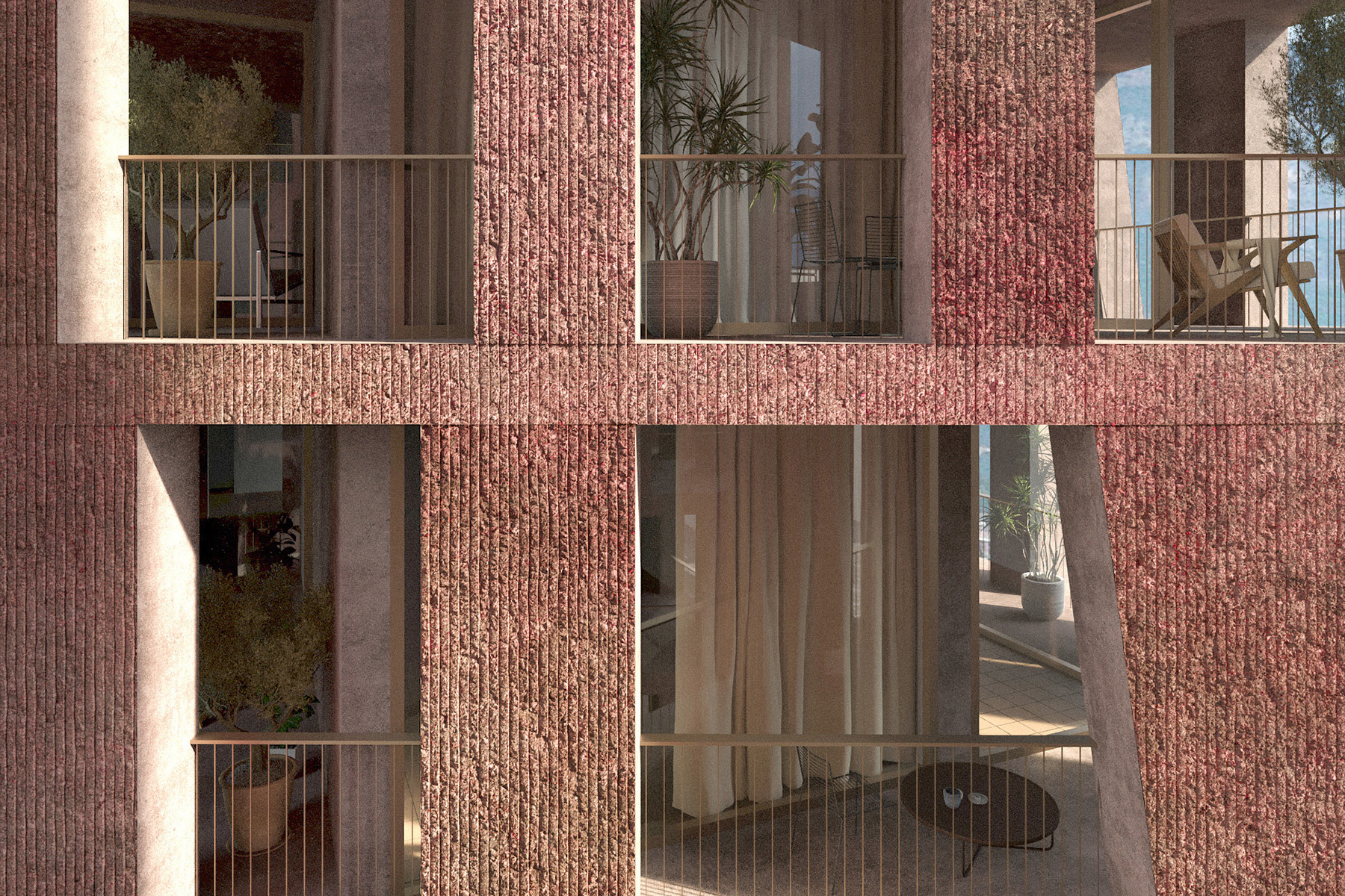 An up-close rendering of a building with brown textured walls and differently shaped cutouts reveal wrap-around residential porches. 