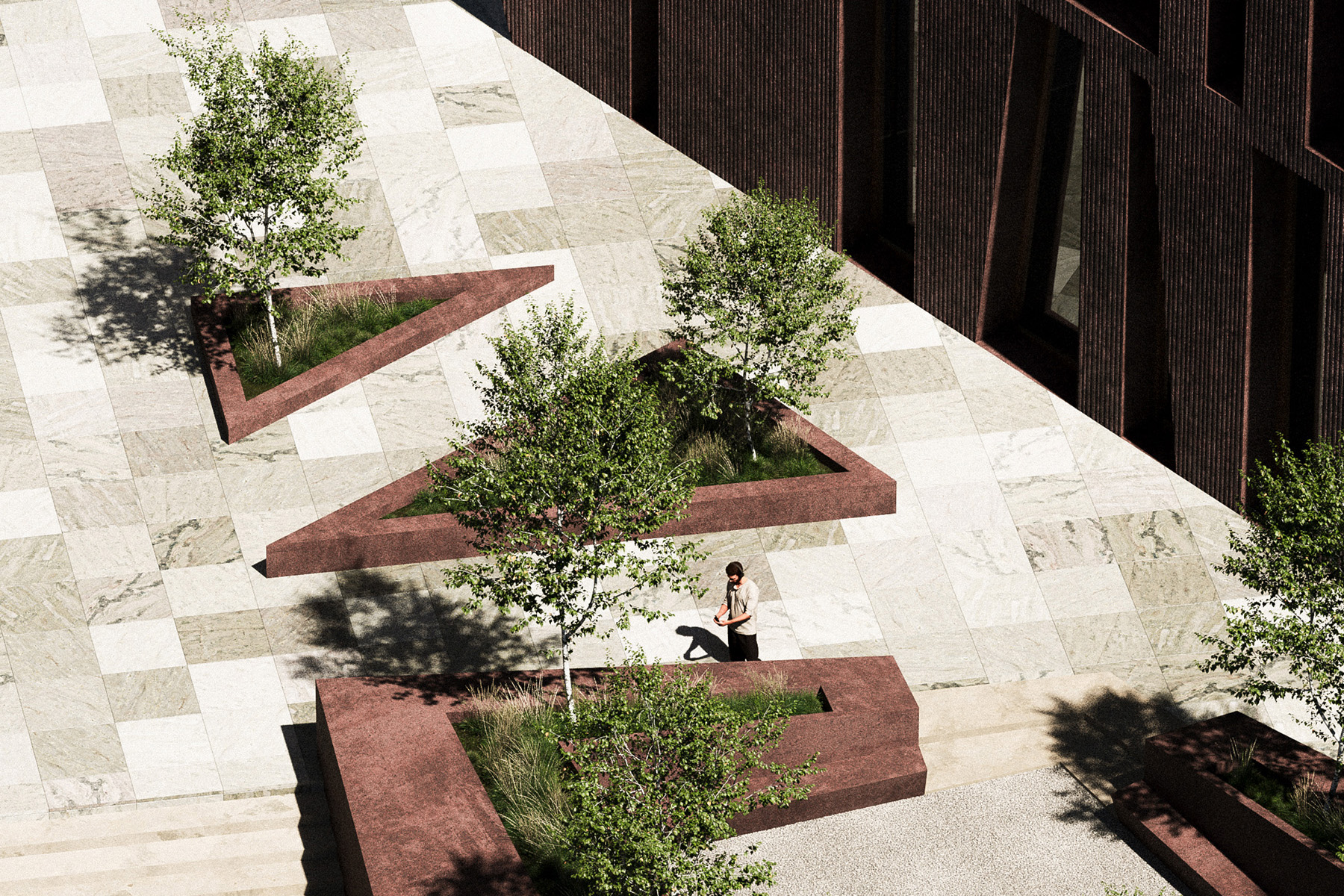 A bird’s eye rendering of an open courtyard shows triangular and L-shaped brown planters lush with green trees. 