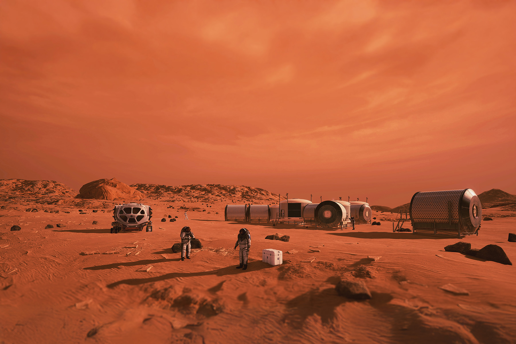 A series of cylindrical habitats are shown on the surface of Mars along with a vehicle and several astronauts, all against a red sky and red regolith. 