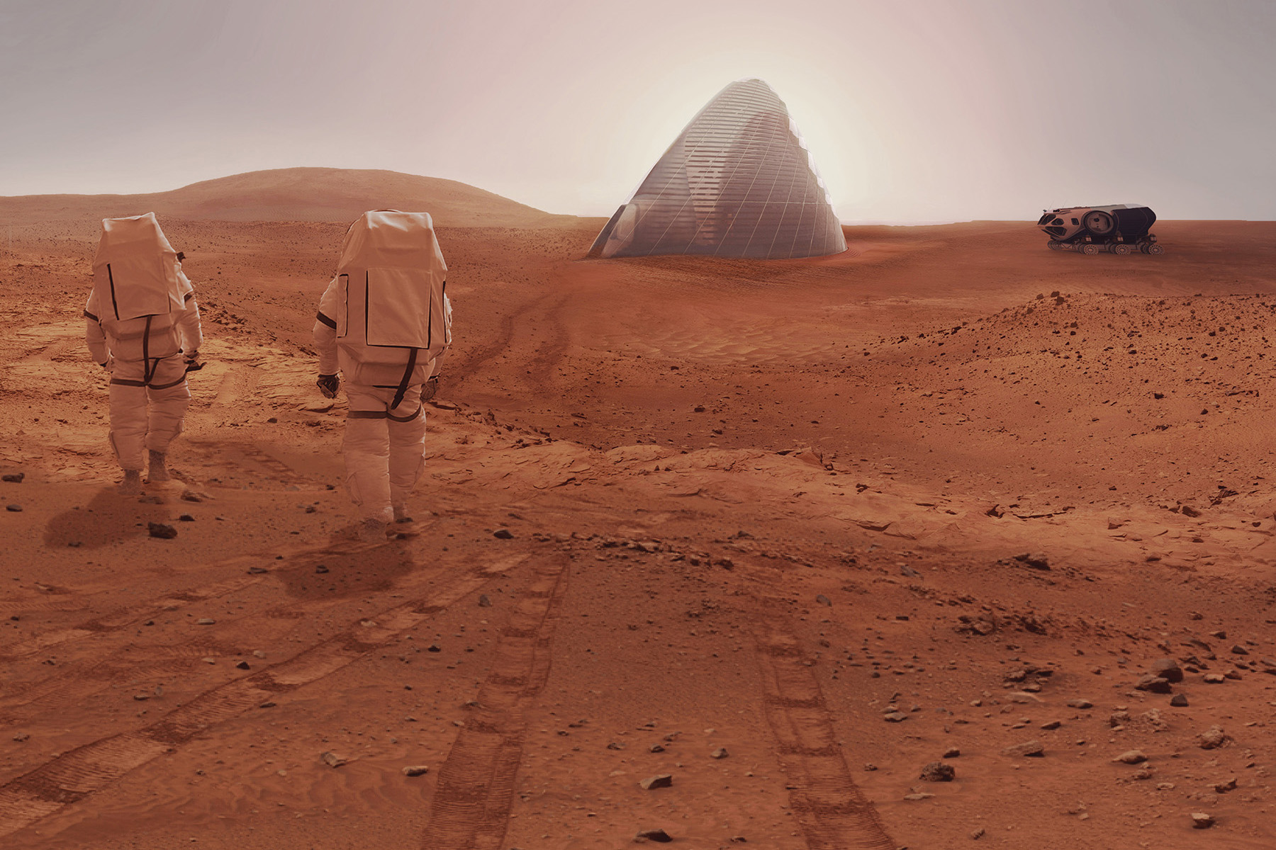 A rendering of a Martian habitat shows two astronauts approaching a pyramidal icehouse structure with a rover in the background and rover treads visible in the regolith. 