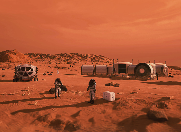 A series of cylindrical habitats are shown on the surface of Mars along with a vehicle and several astronauts, all against a red sky and red regolith. 